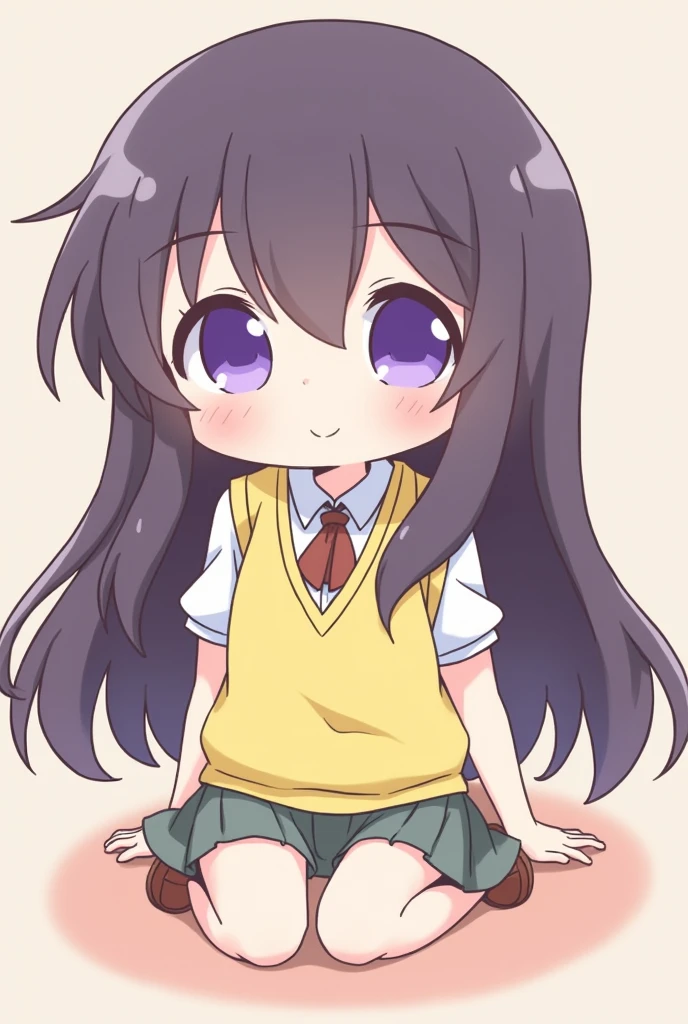 (cartoon-like) girl with long dark purple hair and big purple eyes in a yellow school vest cute soft small