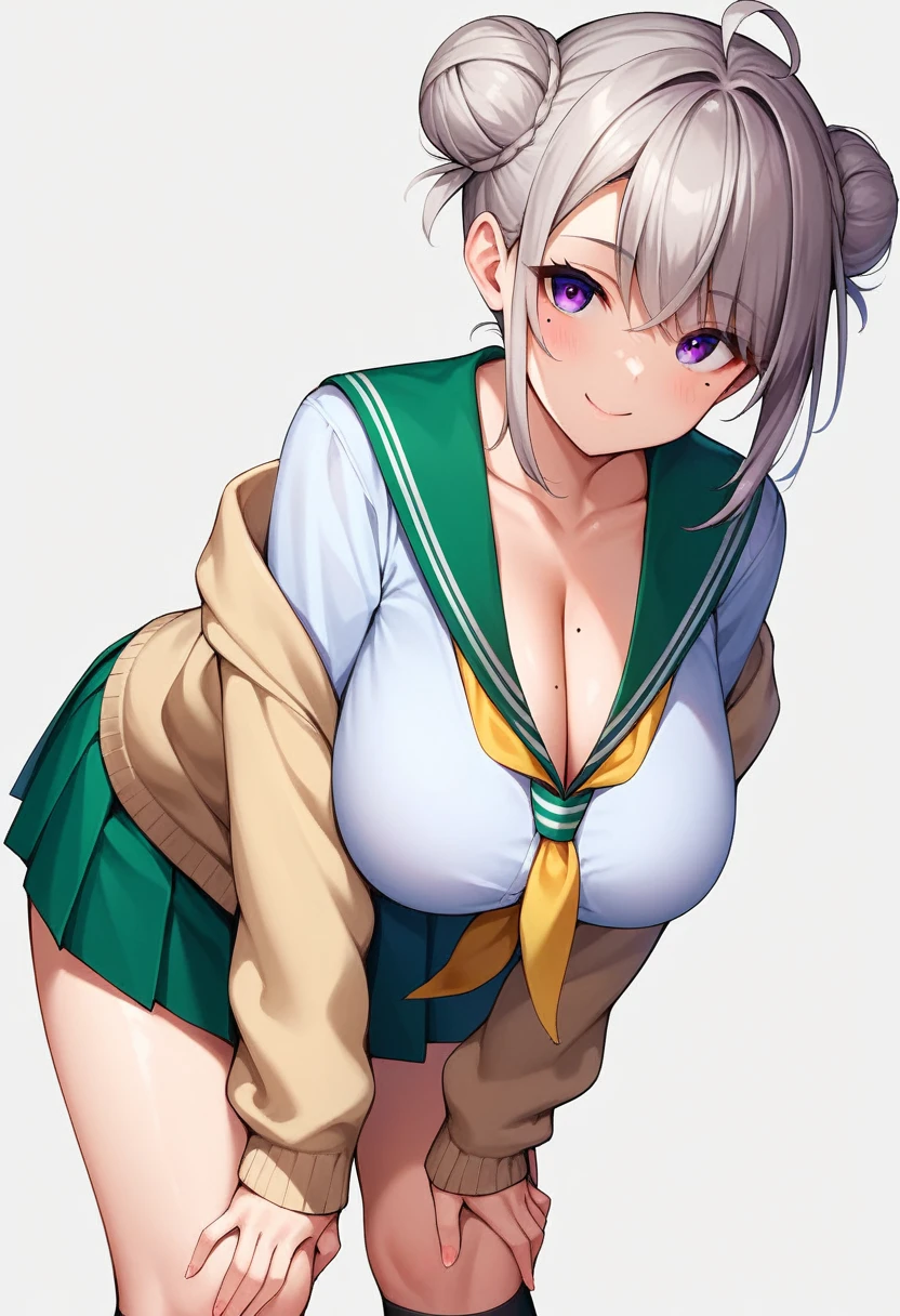 1 girl, alone, chest, looking at viewer, smiling, bangs, skirt, huge breasts, simple background, shirt, knee-high socks, long sleeves, white background, school uniform, purple eyes, collarbone, white shirt, ahoge, grey hair, pleated skirt, low-cut outfit, sailor uniform, black knee-high socks, sailor collar, off-shoulder, hair bun, mole, smiling, neckerchief, sleeves longer than wrists, mole under eye, double bun, leaning forward, cardigan, green skirt, yellow neckerchief, low-cut cardigan, low-cut sailor uniform, green sailor collar, hands on own thighs, cleavage, no eye highlights
