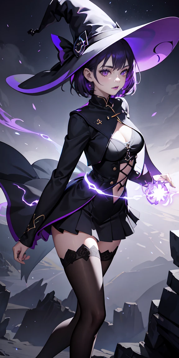 1girl, witch attire, pointy hat, purple hair, short hair, lipstick, purple eyes, blue fire, blue flames, wallpaper, landscape, depth of field, shadows of people in back, night, light particles, light rays, sidelighting, thighs, open jacket, skirt, thighhighs, hand on hips