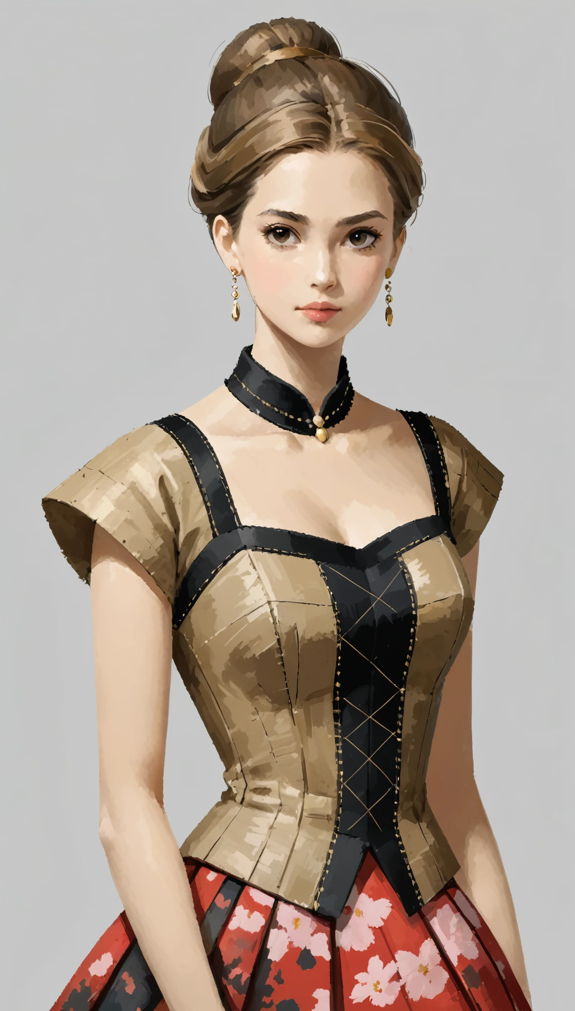 [in style of Santiago Caruso:1.3],{in style of Camille Corot-【Thick brushstrokes】-:1.2},{in style of Carolina Herrera:1.2}
1girl,upper body,simple background,mid breasts,a variety of materials stitching cut design of fashion clothing