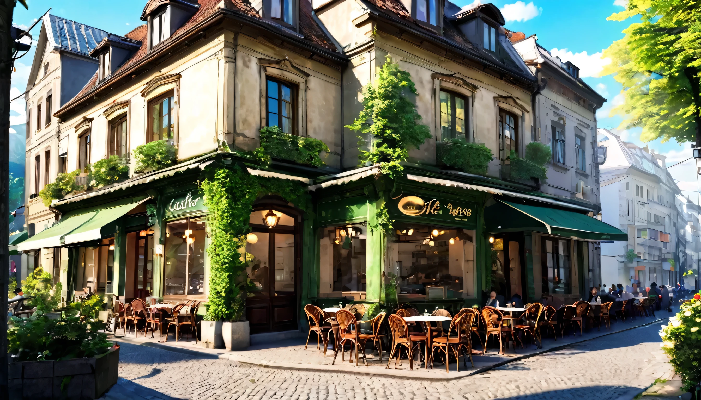 Beautiful old cafe on a street corner . The cafe is filled with nature lovers..