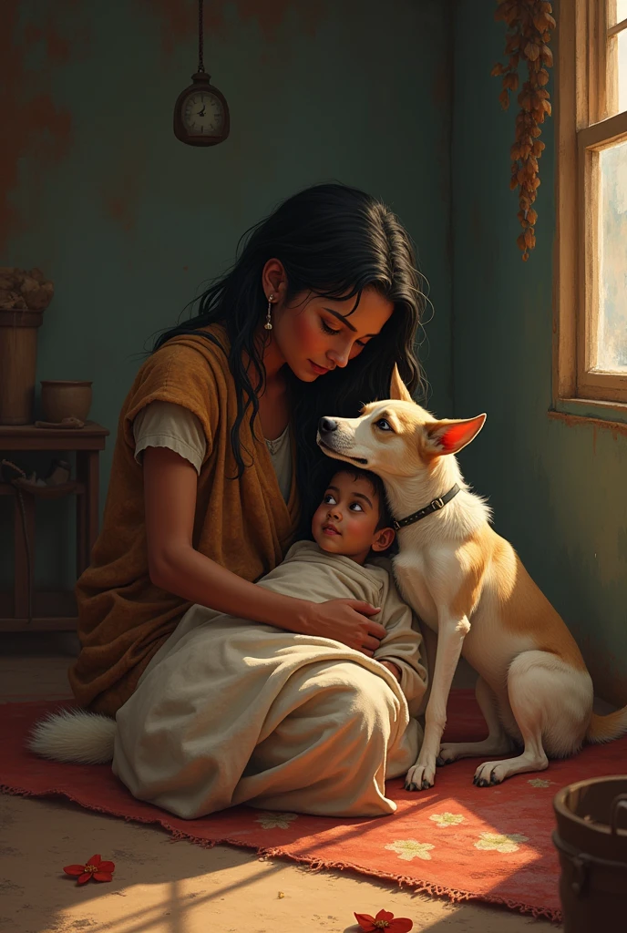 Ethiopian mom take caring her sick boy in her little house with her poor dog.
