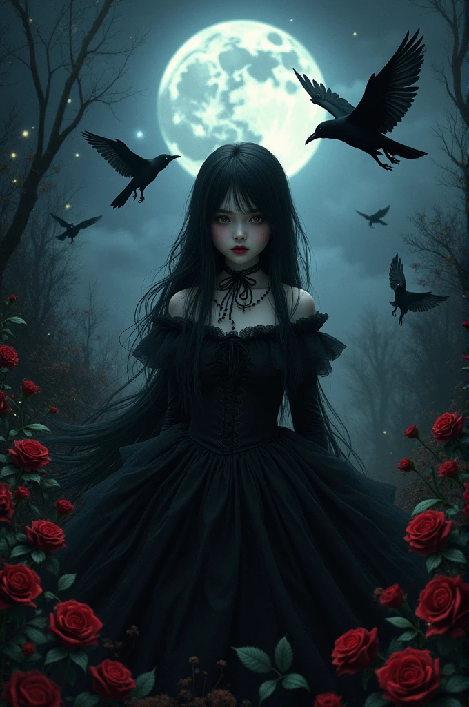 A gothic girl on a full moon night with bats, Red roses, crows