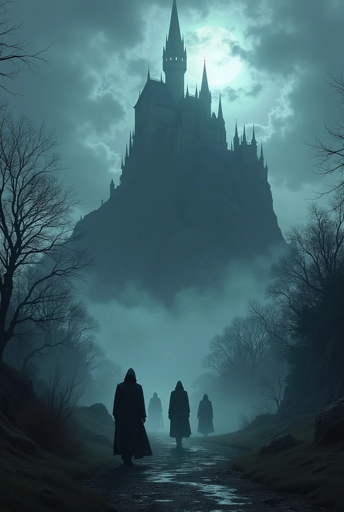 Ancient dark fantasy fictional world with cloudy weather and a kingdom on top of a mountain with a spooky forest at the foot of the mountain 
