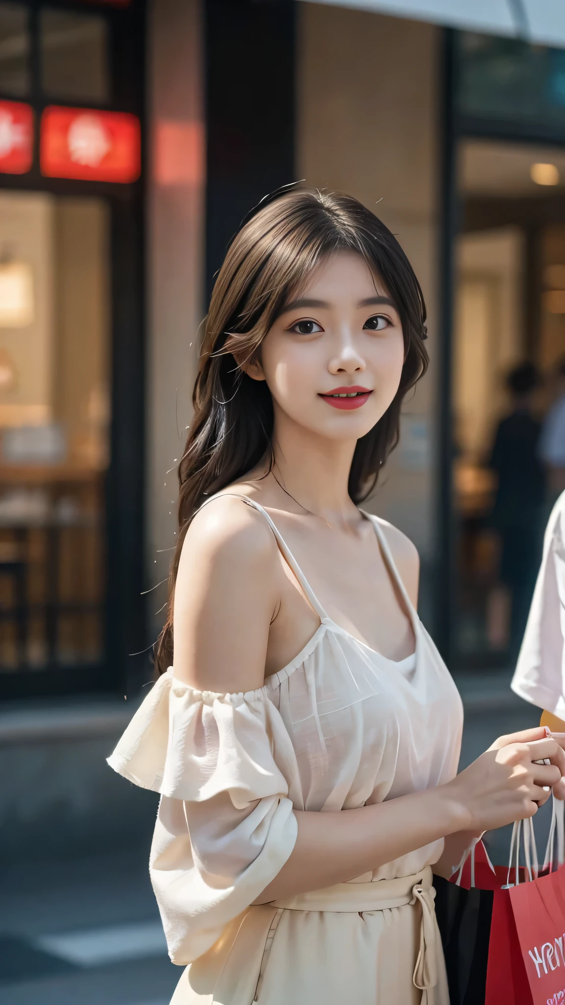 A perfect young female white-collar worker,Chinese,High picture quality,Works of masters,Black hair,Long hair flowing over the shoulders,cropped shoulders,clavicle,exquisite face,Hydrated red lips,,Real Human,( shopping mall background:1.5),CG rendering,16k, Blurred background, (full body shot), Shooting from a distance,eyes look straight into the lens, smiles, Very detailed, wallpaper, depth of field, movie light, lens flare, Ray tracing, live stre , smiles, Do not show your hands,Close-up shot