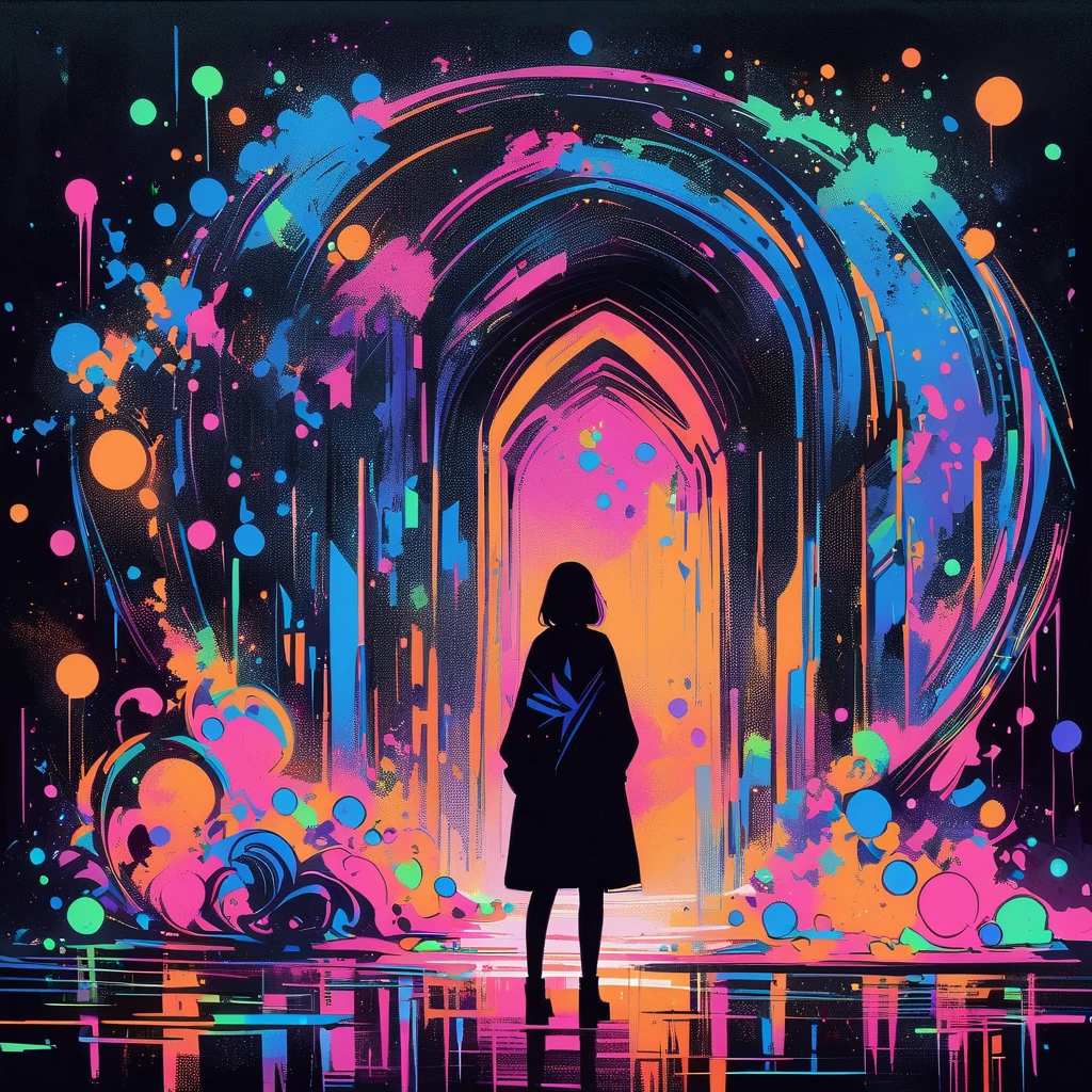 (work of art, best qualityer:1.2),black light, 1 girl, standing alone