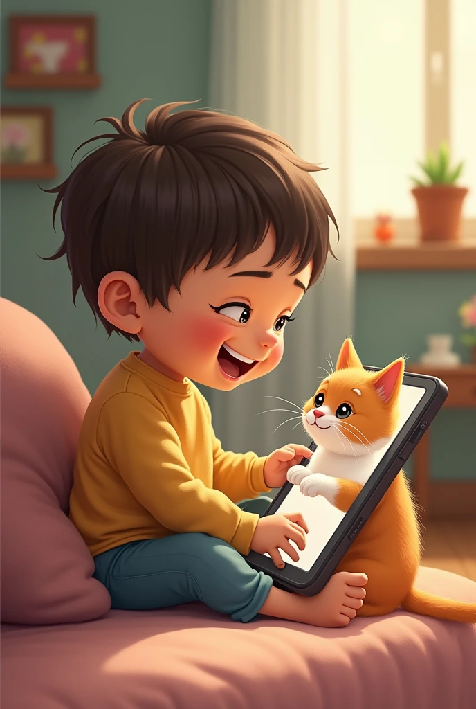Funny picture of a child playing with a cat on his cellphone