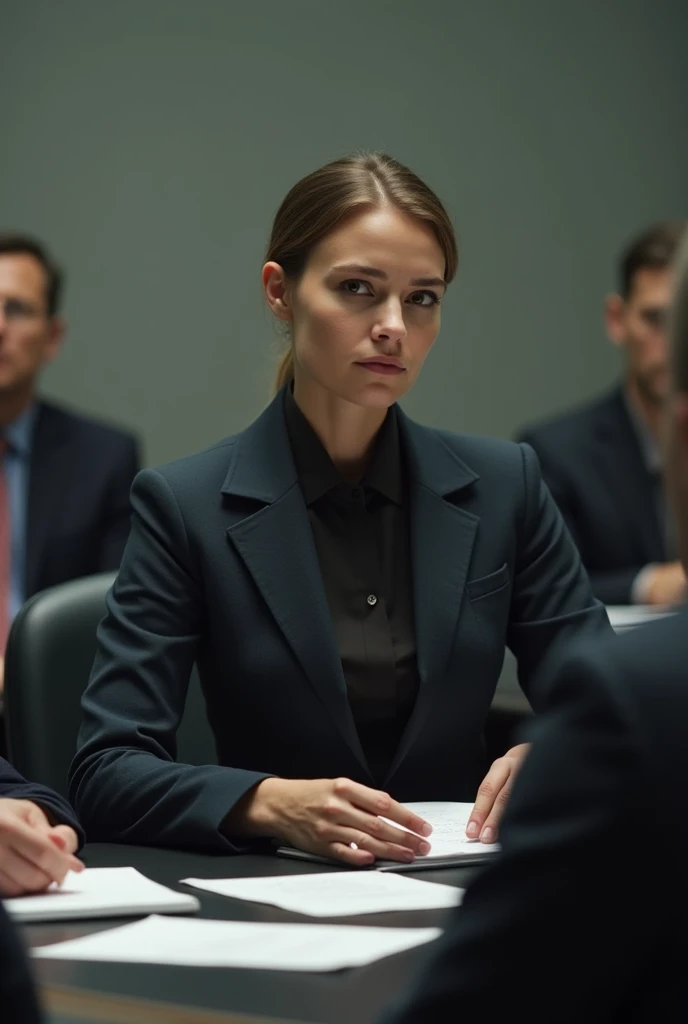 A thin woman in a battle suit is in a meeting and is sitting at a round table with several people but with a serious look 