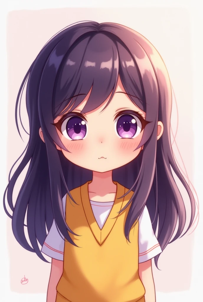 (cartoon-like) girl with long dark purple hair and big purple eyes wearing a yellow school vest cute soft 