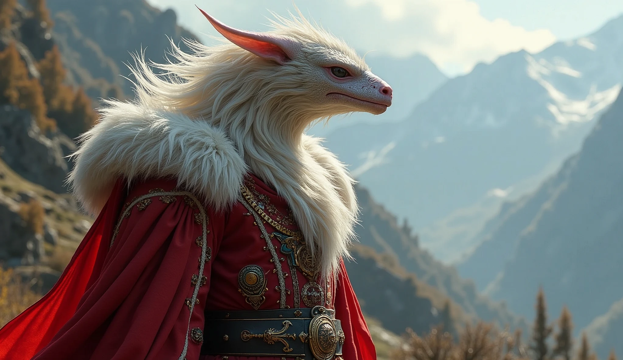 Austria as a classic imperialist european League of Legend creature in red and white colors. Intricated clothing. Cinematic Fantasy sci-fi landscape background