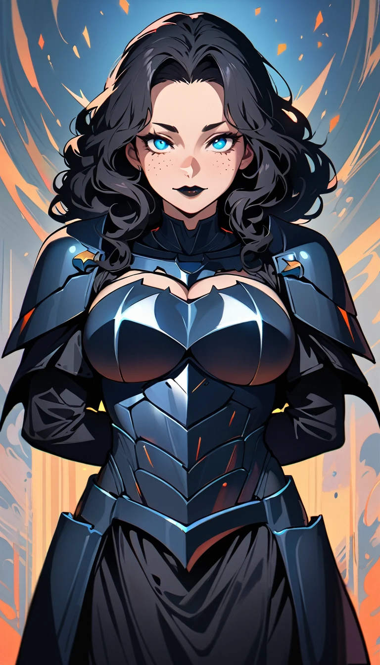(high quality, 8k, 4K, high contrast, artwork:1.2, high quality, best aesthetics), (centered), ((1 woman)), erotic, sensual, mature body, grown woman, super detailed, beautiful face detailed, beautiful eyes detailed, detailed beautiful mouth, perfect breasts, perfect waist, (long black curly hair), (blue eyes), (black eyeliner), (black eyeshadow), (freckles on cheeks), (black lipstick), (standing), (straight body posture), (front view of woman), (facing camera), (hands behind back), (wearing Batman's armor)