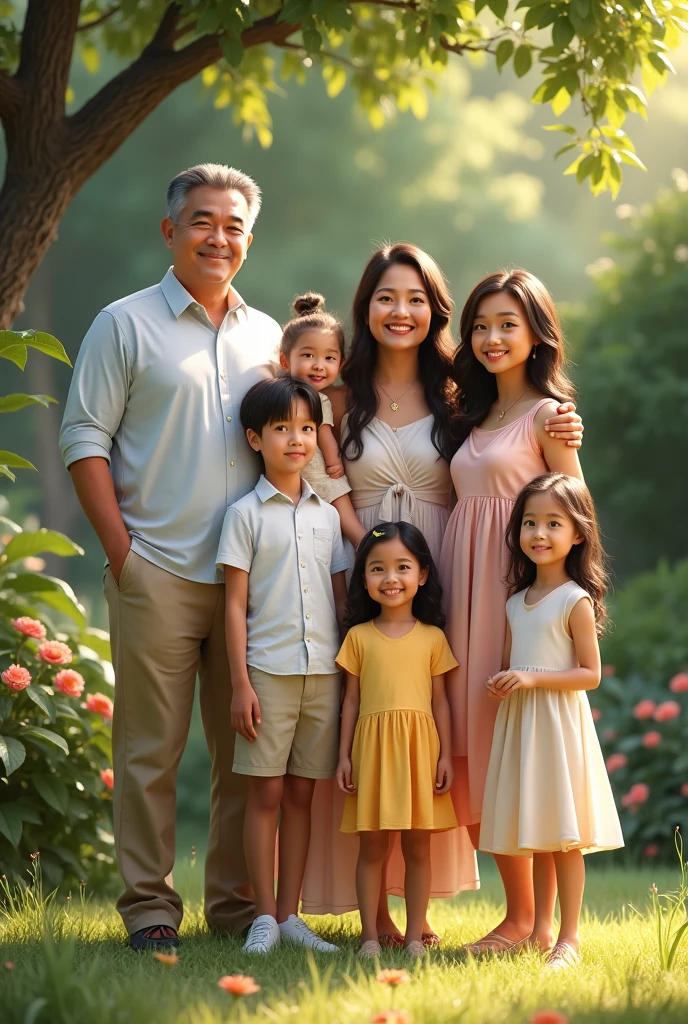 a realistic family photo showing harmony. This family consists of seven people: 50 year old father, 40 year old mother, two boys aged 25 and one aged 10, as well as three daughters aged 20, , and 13ears. Father and mother stand in the middle with warm smiles., surrounded by their children. Father wore a neat shirt and trousers., giving the impression of maturity and responsibility. Mother is wearing an elegant dress, radiating warmth and love. Both boys wore matching shirts and pants., reflect their maturity, while three girls wear cheerful dresses, showing the cheerfulness of their youth. The background is a beautiful green garden with shady trees and colorful flowers., create a strong atmosphere of happiness and family warmth."