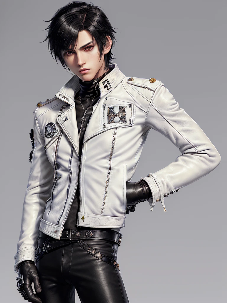 (Final fantasy taste and reality graphics), ((Japanese young cute and cool ikemen  boy)),((1 boy)), his age is early 20s, thin eyebrows and beady eyes,  ((((boy wearing off white color single-brest thick leather jacket, with epaulet)))), ((((jacket is long sleeve)))), ((((leather jacket close all zippers)))),,(((jacket collar is high length and stand-up with two belts))),  (((also wearing black thick turtleneck polyester shirts))),  (((((put on tight and black color leather long length pants))))),  (((((put on tight and thin black leather glove,covered from full finger both hands))))), ((put black leather knee-high raceup boots)),(((show the whole body))), ,boy is black hair,