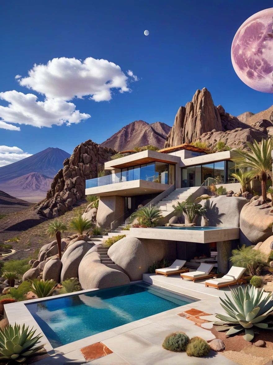 small and beautiful modern house in top of big boulders, terraces, pool, stairs, multiple cacti gardens, palms, trees, rocks, beautiful landscape design, mountains and volcano y background, amazing clouds, sun, moon, planets, milky way galaxy, concrete, wood, glass and steel materials, olive green, violet, orange and withe colors in facade