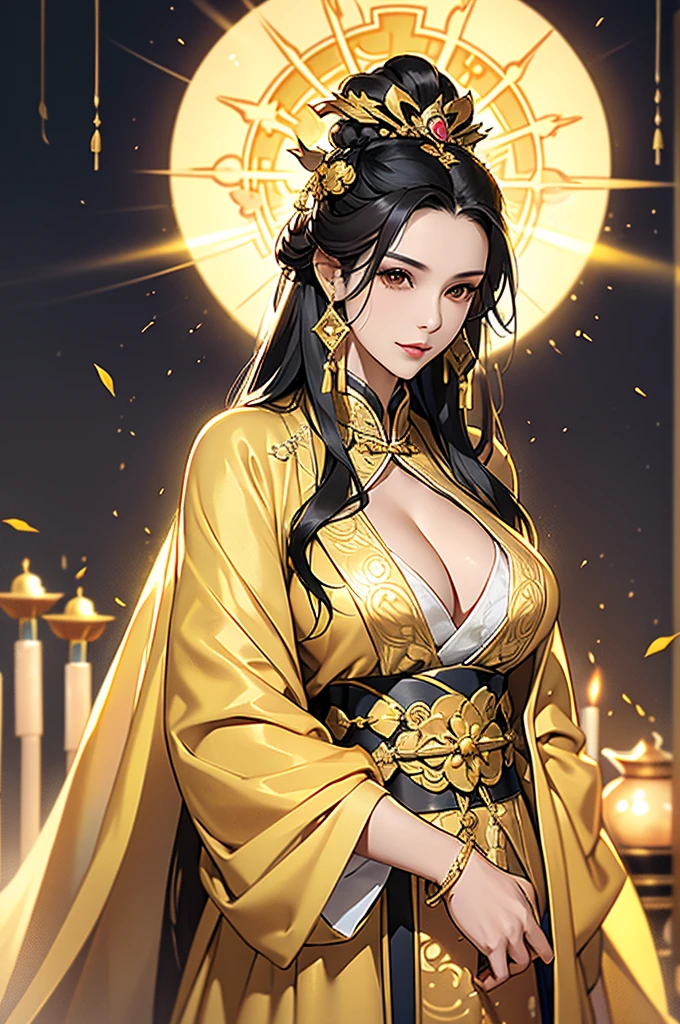 Black Hair, Immortal, Beauty, Royal sister, Stepmother, Gold Yellow Taoist robe, Golden Phoenix Coronet, Hair Bunch, Beautiful Breasts , Mature Woman,Sunshine