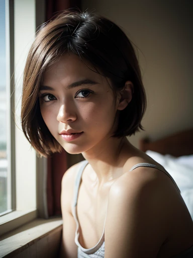 “Hyper-realistic, cinematic lighting with morning sunlight filtering into a stylish white hotel room. A highly detailed 16k ultra-high resolution RAW photograph of an 18-year-old woman sitting naturally on a bed. She has soft, realistic skin texture with delicate highlights and shadows, black eyes, and a subtle, shy smile. Her medium-short hair gently frames her face, and she wears a simple gray t-shirt. The atmosphere should be calm and intimate, capturing the authentic warmth of the morning light. Focus on the natural expression, lifelike skin, and the interplay of light and shadows on her face and surroundings. The image should evoke the feeling of an actual photograph, paying close attention to small details, aiming for a natural, unposed moment.”