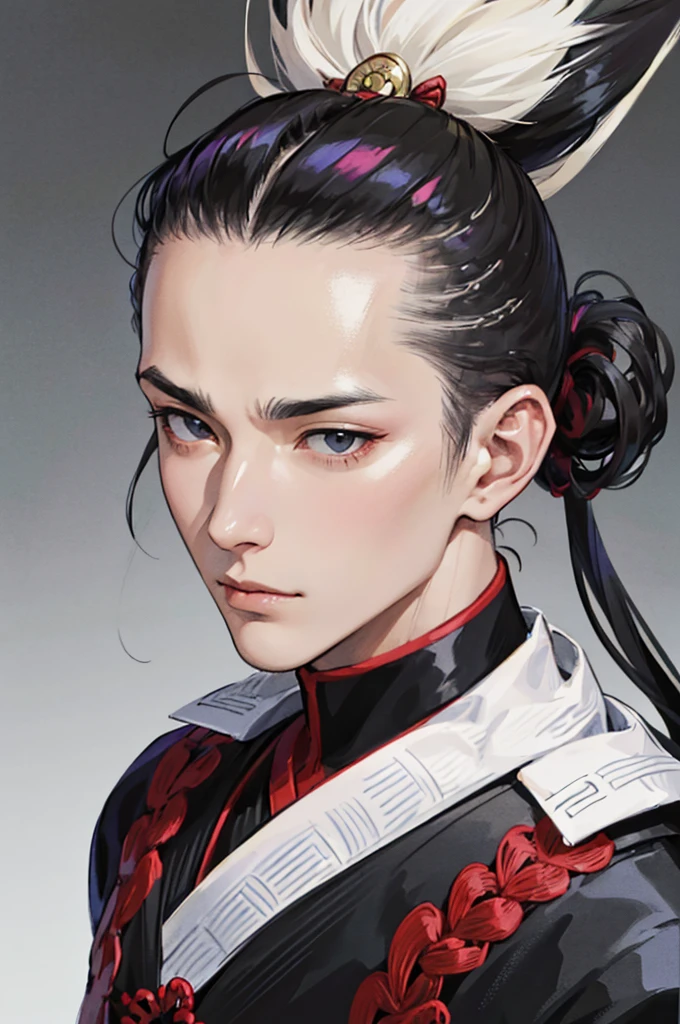 A close-up, dramatic portrait of Oda Nobunaga, emphasizing his unique and bold hairstyle. His head is partially shaved, with the front of his scalp completely bare, and the remaining hair tied back in a traditional topknot (chonmage). His intense eyes and stern expression convey authority and confidence. Nobunaga is dressed in traditional samurai attire, with intricate patterns on his robe. The background is muted, ensuring that the focus remains on his distinct hairstyle and facial features. The lighting should create a sharp contrast, highlighting the shaved area of his head and drawing attention to this striking aspect of his appearance