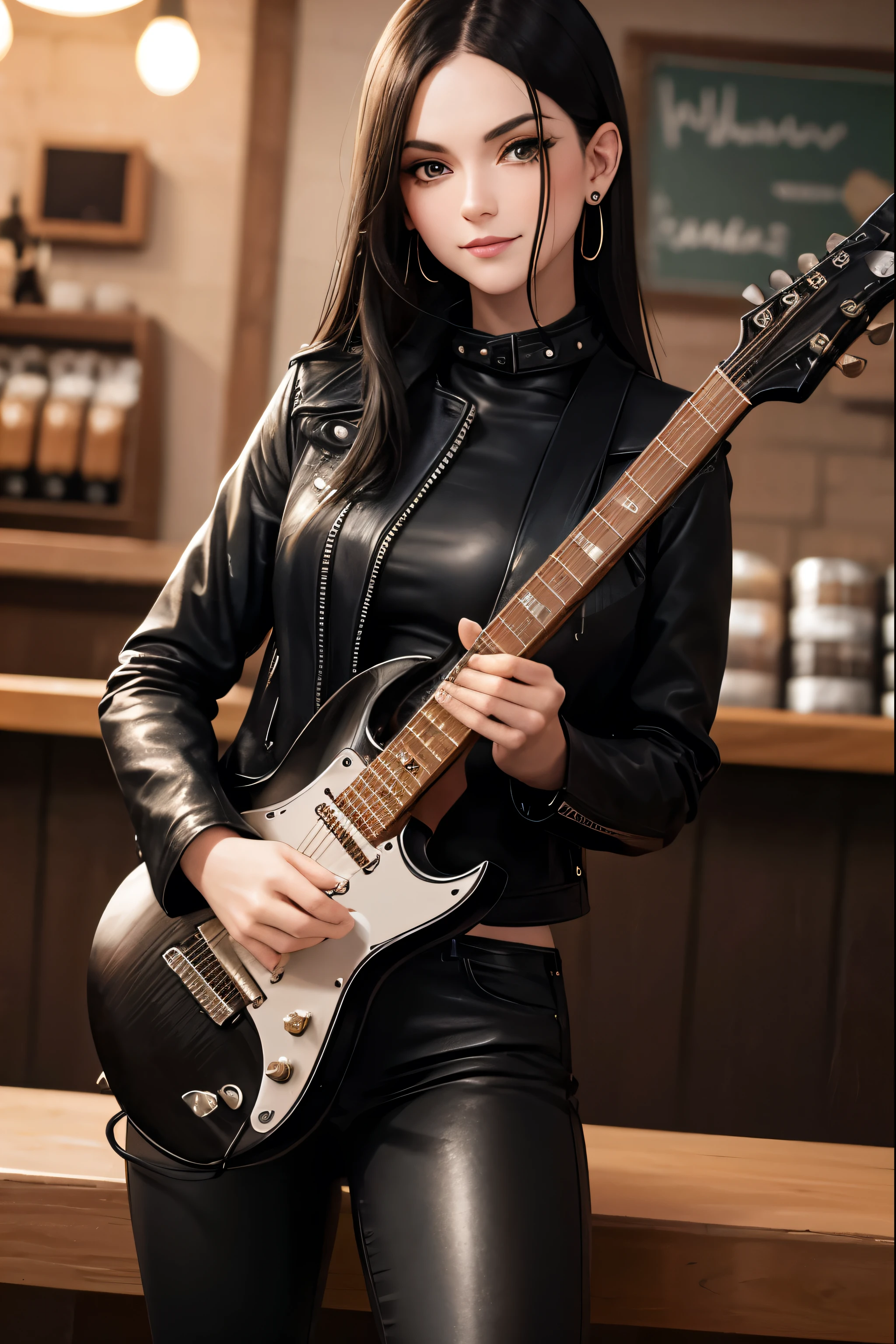 Woman, Black Hair, Straight Hair, Pale Skin, Gray Eyes, Earrings, ear guages, ear studs, Leather Pants, Black Shirt, (Black Leather Jacket), Carrying Guitar, in Coffee Shop, smirking