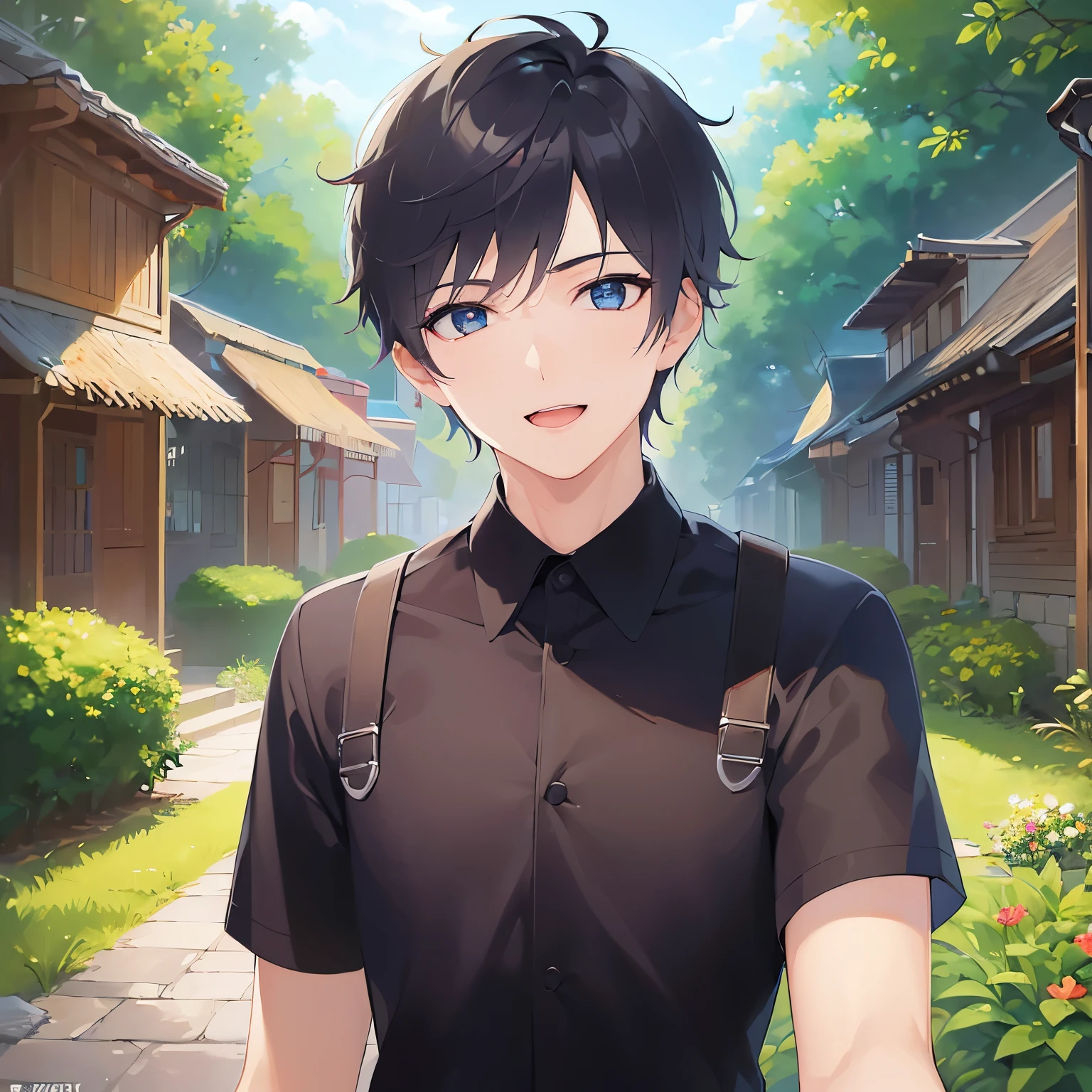 (looking at viewer:1.5)Upper Body,
shiny skin, masterpiece、Highest quality、
(25-year-old male:1.5) and (Black short hair) and (blue eyes),
black collared shirt、
smile,open mouth,park、grass