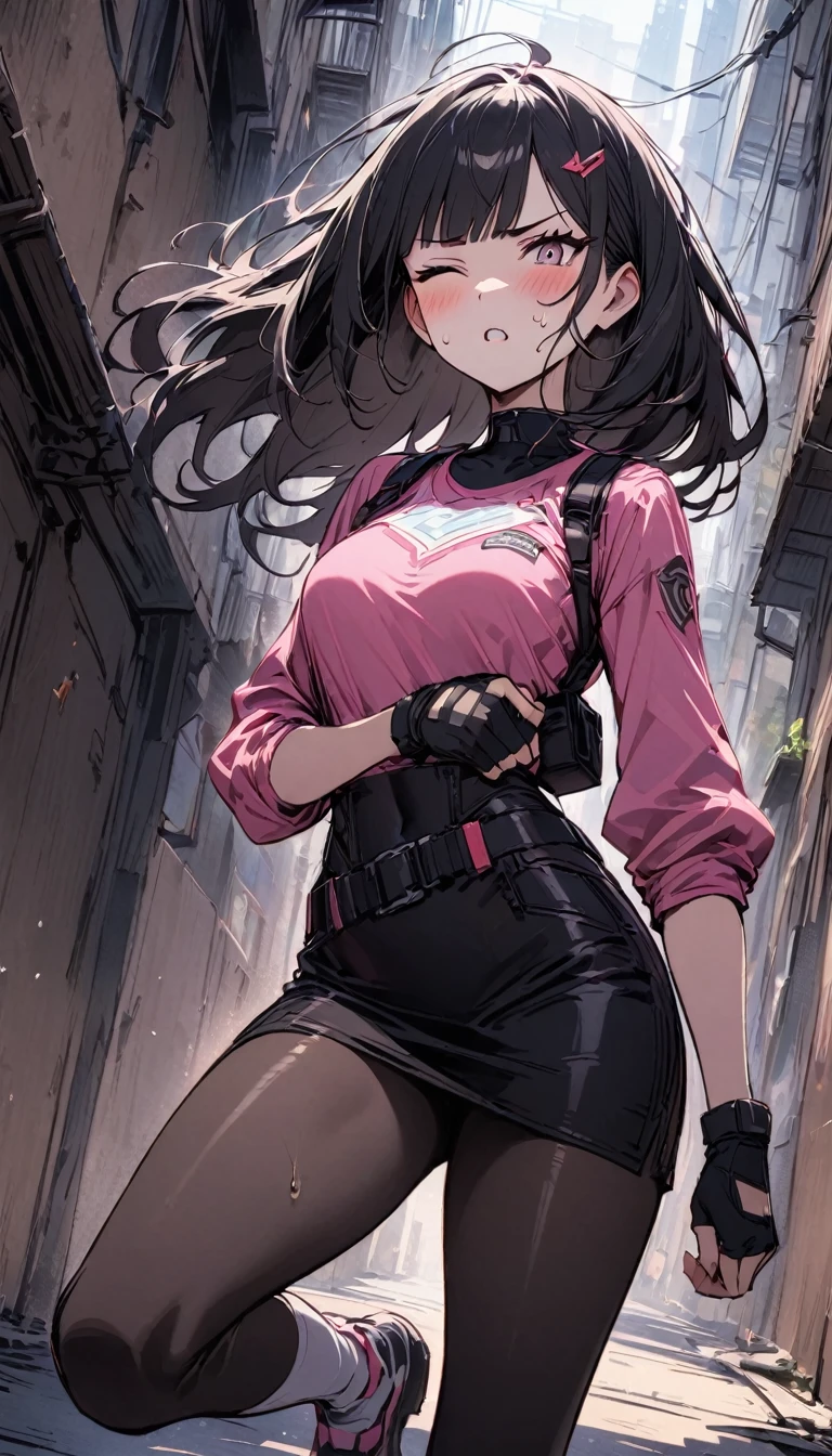 {{hold down one's stomach with one's hands:1.6}},Dynamic composition,dutch angle,from below,from side,solo,170cm tall female, theatrical animation style, Power Rangers preformation heroine,{{Futuristic police shirts}},
Long-sleeved shirt with rolled-up arms{{Pink-based shirt:1.6}},pink shirt,BLACK PENCIL SKIRT, BLACK SKIRT,Black pantyhose,{{small face:1.8}},{{Grit your teeth:1.4}},{{fighting stance:1.6}}{{fight:1.6}},{{standing on one knee:1.6}},{{knee up:1.6}},{{masterpiece}}, {{{Highest quality}}},{{Very detailed}},{{Pain ,Suffering}},one eye closed,{{critical situation:1.6}},{}},1girl,30years old,{Mature Woman}},{{}},{{Grit your teeth:1.4}},,{{v-shaped eyebrows}},Bad mood,blush,Sweat,raise one's eyebrows、black fingerless gloves,Bad mood,profound,Beautiful thighs,clavicle、chest holster,BLACK Long Hair,Blunt bangs,Alley,Black Choker,belt