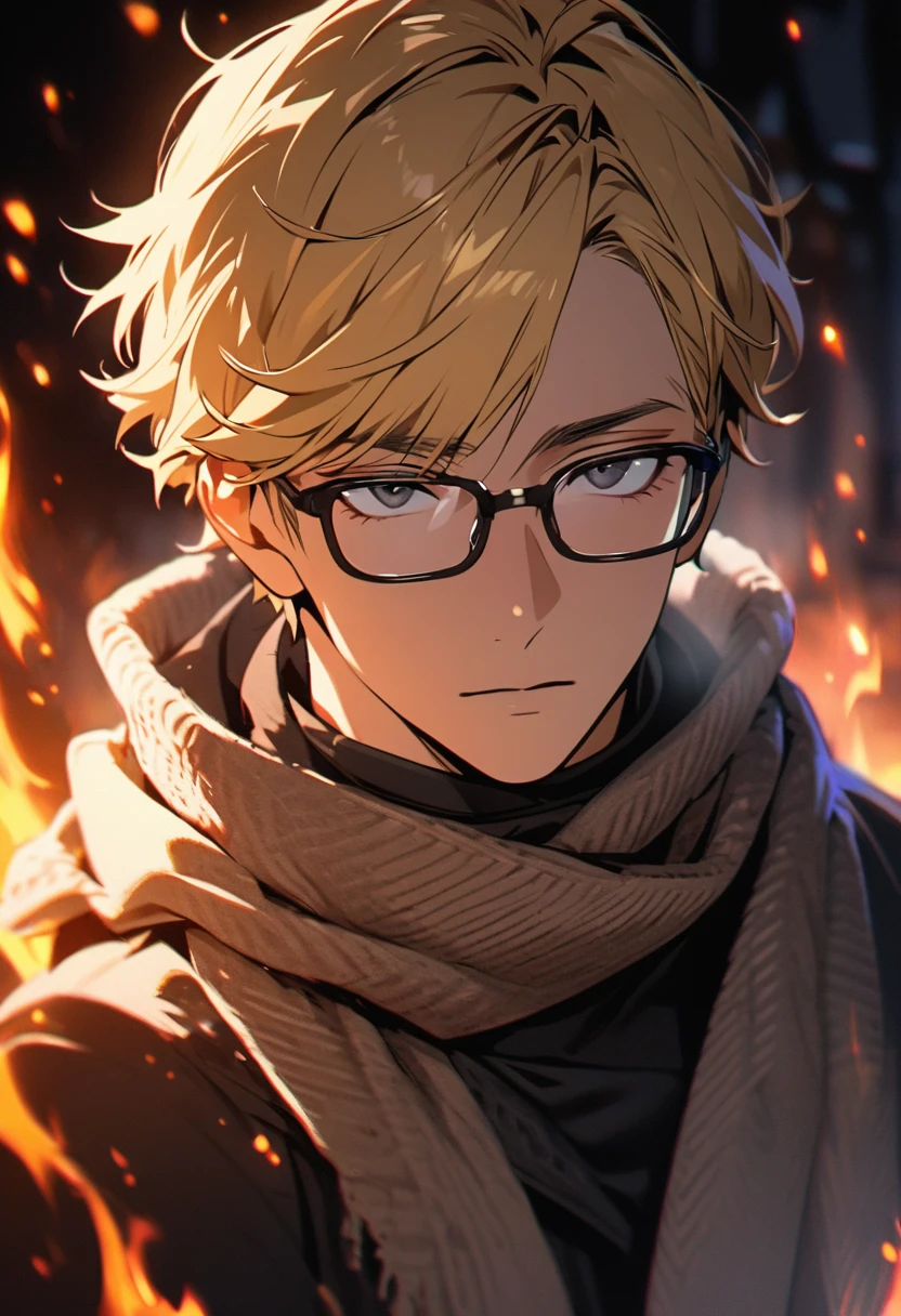 male, solo, handsome, blond hair, beautifuf color, high detail, short hair, black eyes, scarf, aura, glasses, macro picture, beautiful eyes