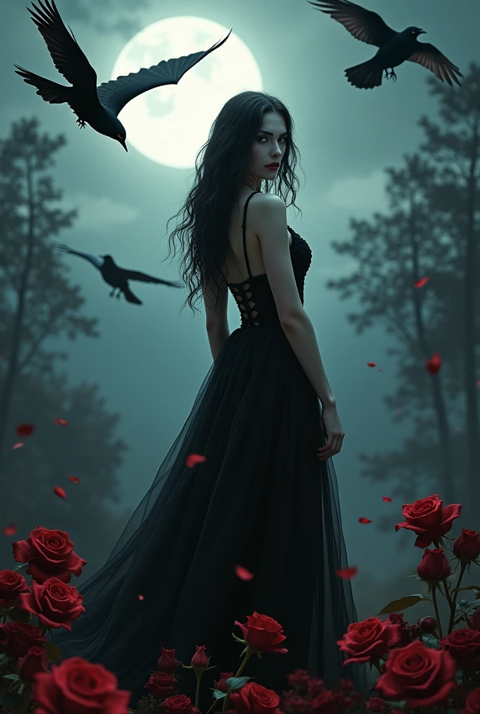 A gothic vampire girl on a full moon night with bats, Red roses, crows