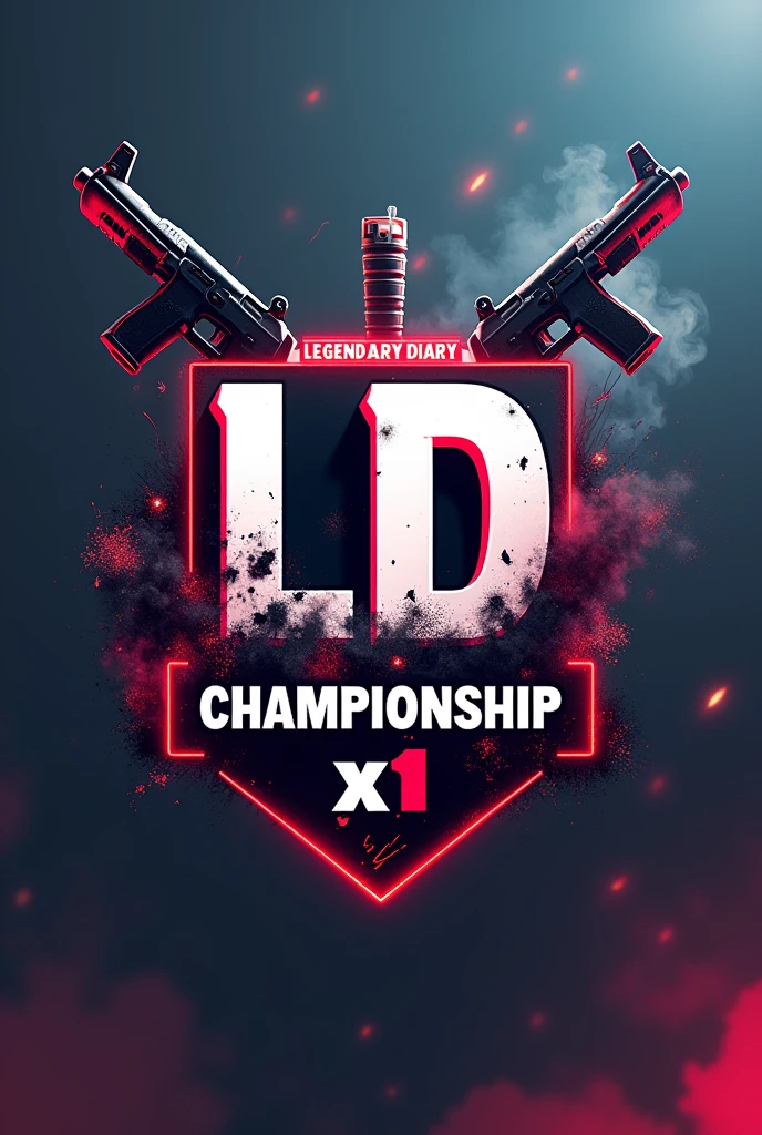 a logo for a free fire x1 championship with the name "Legendary diary" use weapons, smoke in the background, the initials the initials must be LD and not DL the name Put details about free fire