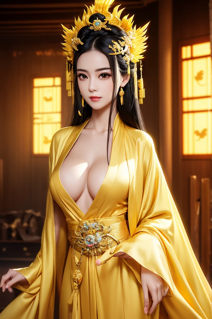 Black Hair, Immortal, Beauty, Royal sister, Stepmother, Gold Yellow Taoist robe, Golden Phoenix Coronet, Hair Bunch, Beautiful Breasts , Mature Woman，Sunshine