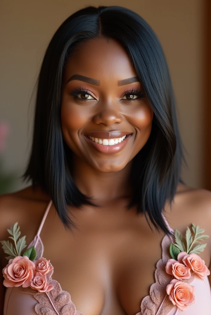 A chubby black woman with straight, medium-short hair wearing an outfit with flower details and smiling