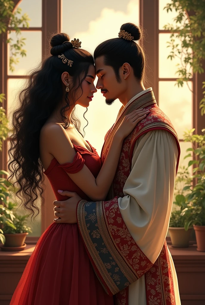 (photorealism:1.2), beautiful black woman, sitting on couch, wearing loose off-shoulder top, historical dress, long curly hair, indoors, soft lighting, plants in background, window with sunlight, cozy room, relaxed pose, realistic, intricate details, warm colors, chinese man, historical costume, kissing her