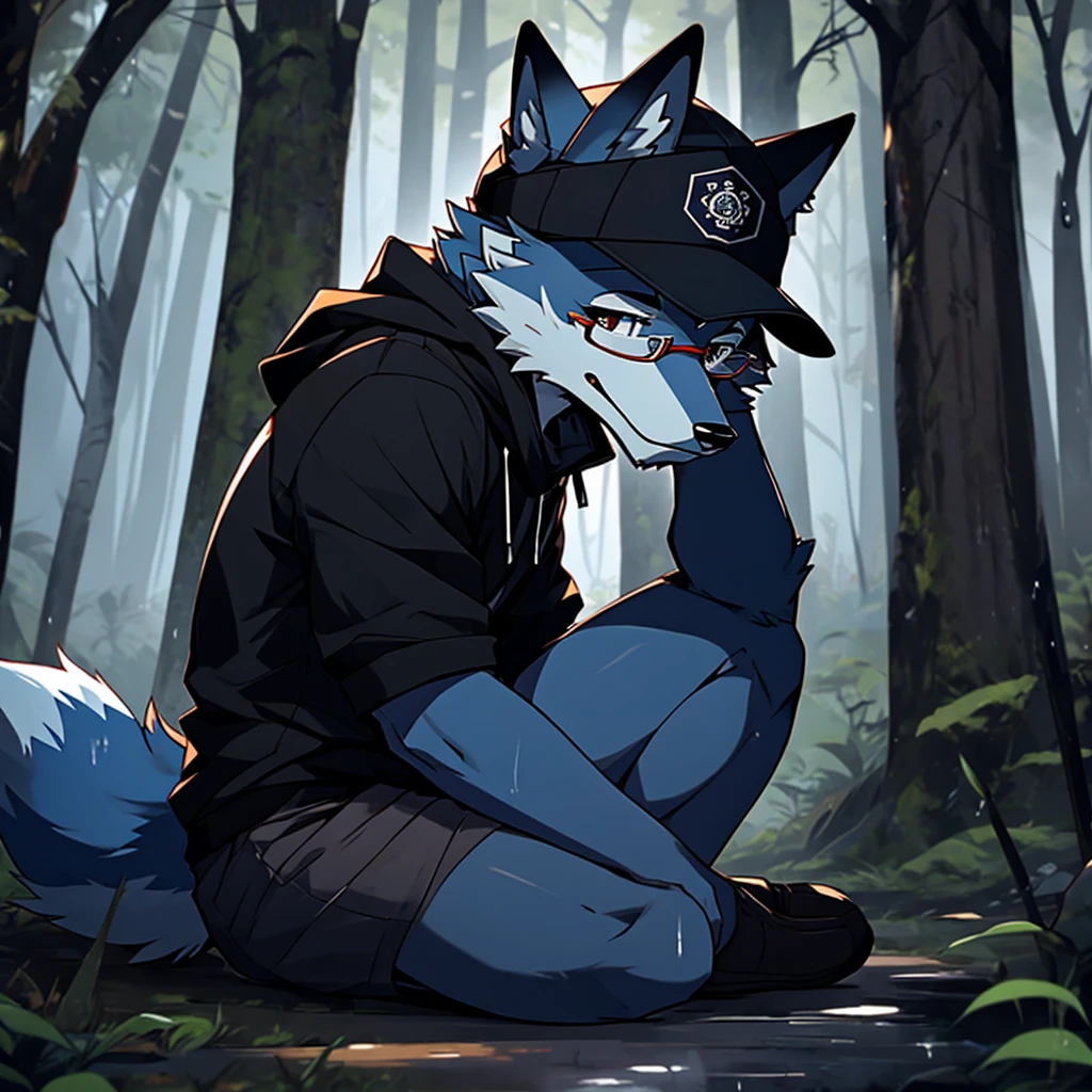 A dark blue fox sitting on the ground in front of the rainy forest with a sad expression, wearing round black glasses, usando um casaco preto, wearing a black cap with the letters ZR on the cap.