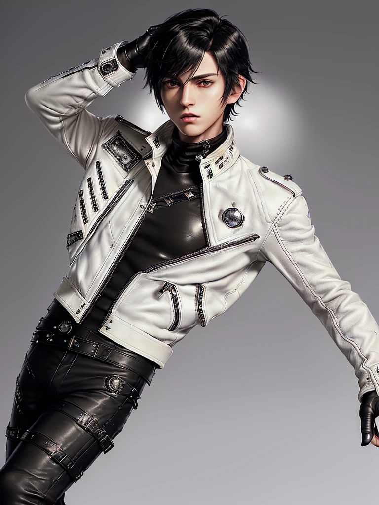(Final fantasy taste and reality graphics), ((Japanese young cute and cool ikemen  boy)),((1 boy)), his age is early 20s, thin eyebrows and beady eyes,  ((((boy wearing off white color single-brest thick leather jacket, with epaulet)))), ((((jacket is long sleeve)))), ((((leather jacket close all zippers)))),,(((jacket collar is high length and stand-up with two belts))),  (((also wearing black thick turtleneck polyester shirts))),  (((((put on tight and black color leather long length pants))))),  (((((put on tight and thin black leather glove,covered from full finger both hands))))), ((put black leather knee-high raceup boots)),(((show the whole body))), ,boy is black hair,