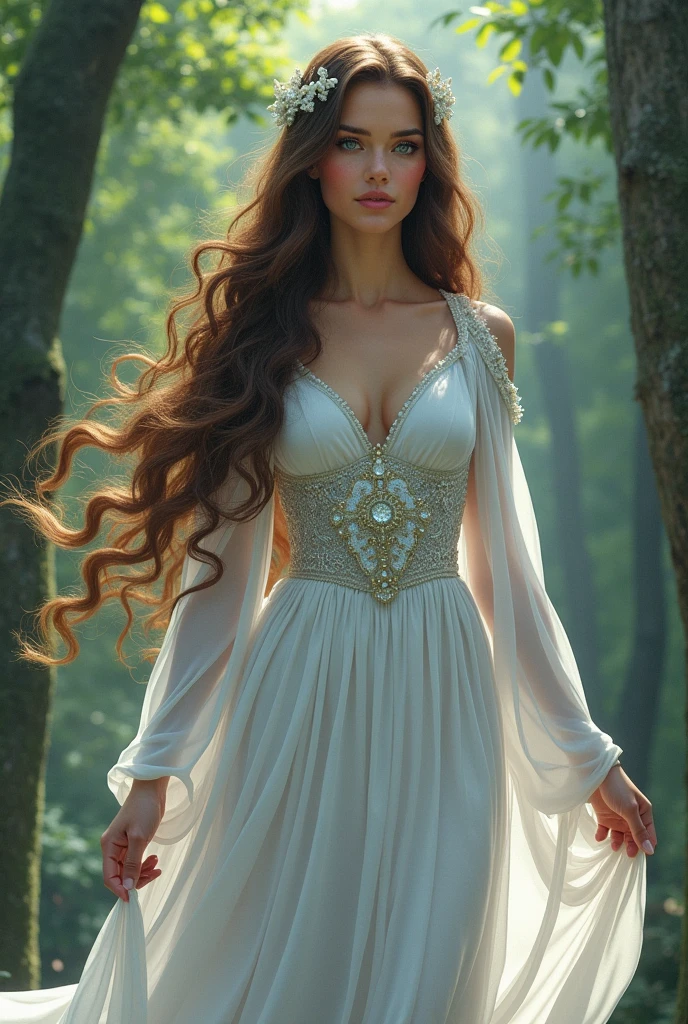 Queen, Druid, Woman, Linda, tails, doradas, white gown, forst, naturey, blue colored eyes, powers, mystic, long hair, brown, Youngh