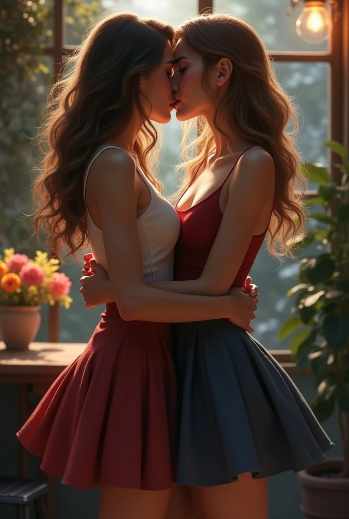  Women kissing in short skirts 