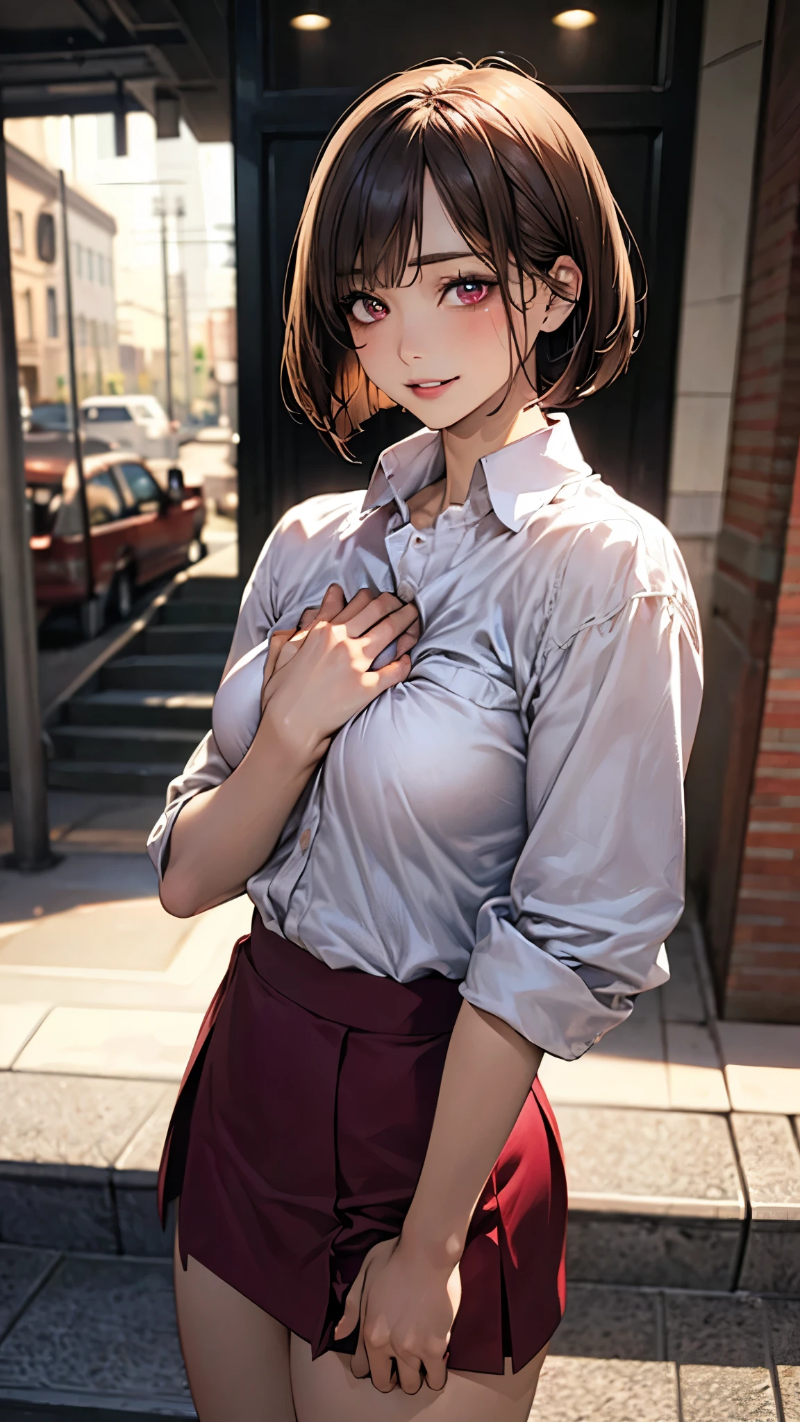 (masterpiece:1.2, top-quality), (realistic, photorealistic:1.4), beautiful illustration, (natural side lighting, movie lighting), depth of fields, nsfw, 
beautiful detailed hair, beautiful detailed face, beautiful detailed eyes, beautiful clavicle, beautiful body, beautiful chest, beautiful thigh, beautiful legs, 
looking at viewer, (back view), 1 girl, 20 years old, (perfect ???????, anatomically correct, super detailed skin), cute and symmetrical face, perfect face, perfect eyes, 
(medium hair, bob cut, light brown hair), bangs, maroon eyes, double eyelid, long eye lasher, (large breasts, seductive thighs), perfect body, shiny skin, pink skin, slim, slender, 
(detailed cloth texture, white collared shirt, red skirt), (breast flick:1.4), (butt:1.0), 
(beautiful scenery), evening, (cafe:1,2, many people behind), standing, (deep stoop, grabbing the chest), (seductive smile, parted lips), 