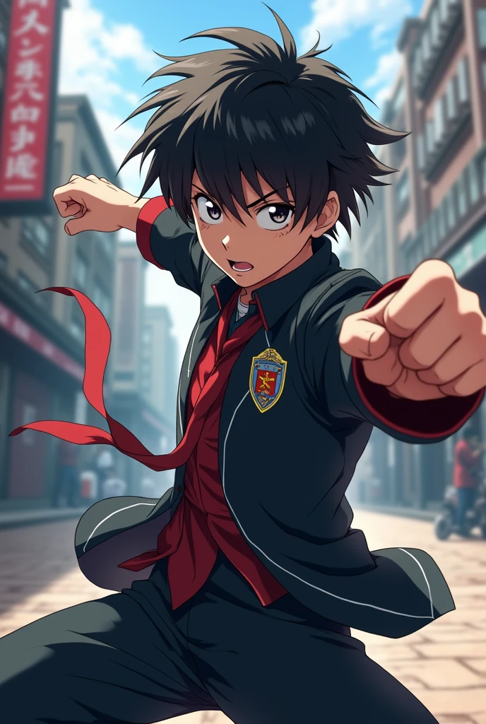 An anime boy depicted in a fighting pose, his black hair flowing slightly in the wind, and his eyes narrowed in focus. His signature Wind Breaker uniform is detailed, with the school's emblem clearly visible. The background should be a blurred image of a bustling city street, with hints of motion and energy reflecting his dynamic fighting style. The overall style should be a mix of anime and realistic, with a focus on capturing the intensity and power of his movements.
