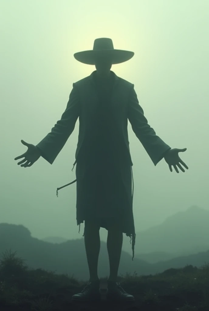 Man in hat, with long arms open