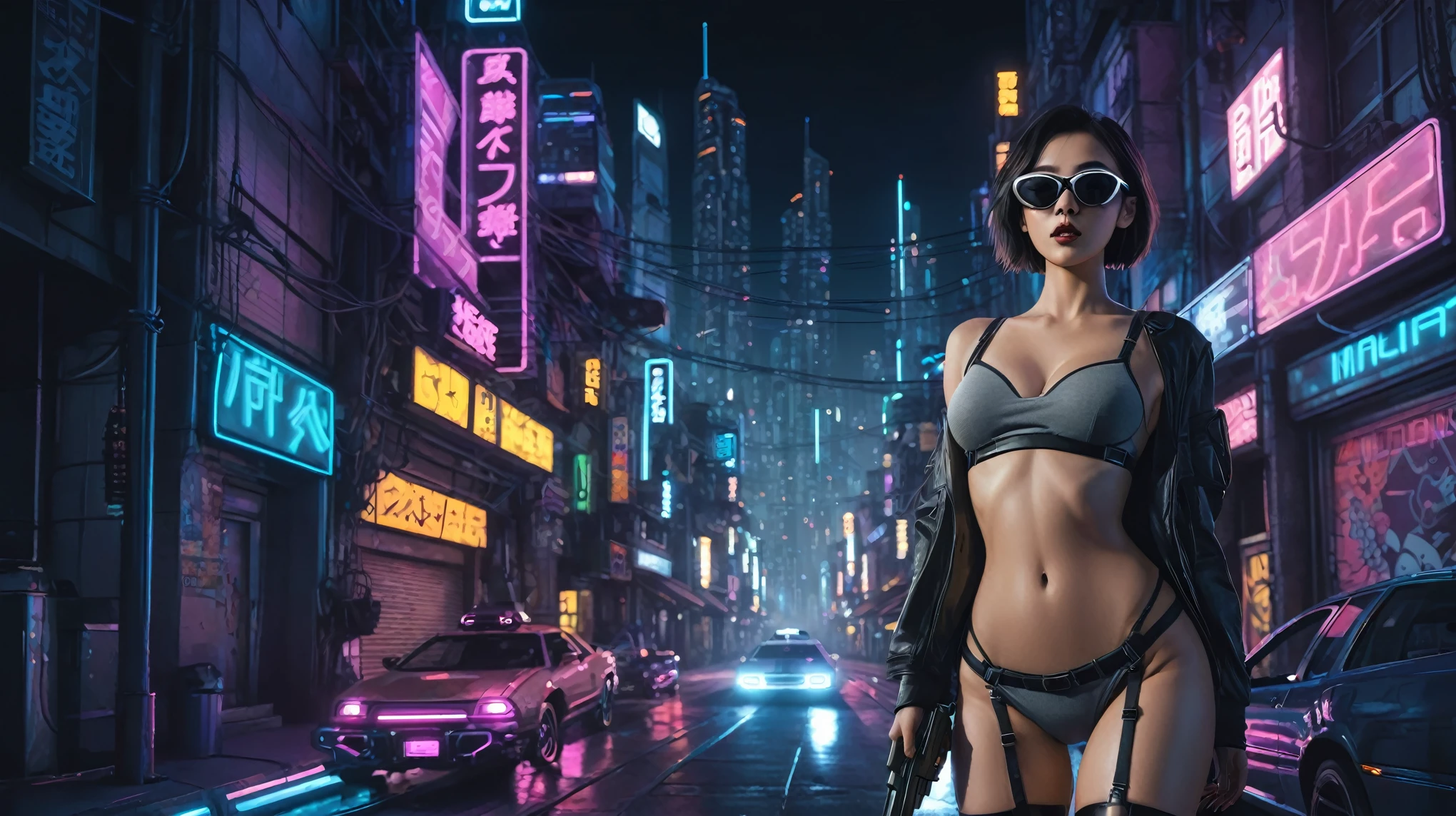 simple comic style cyberpunk city, line art background, flying cars, at night. (1girl, solo), photo realistic, medium-breast:1.3 slim body, cleavage, sling top, miniskirt, black sunglasses, holding a short gun, half-body thigh level medium shot, cinematic lighting, ray tracing.