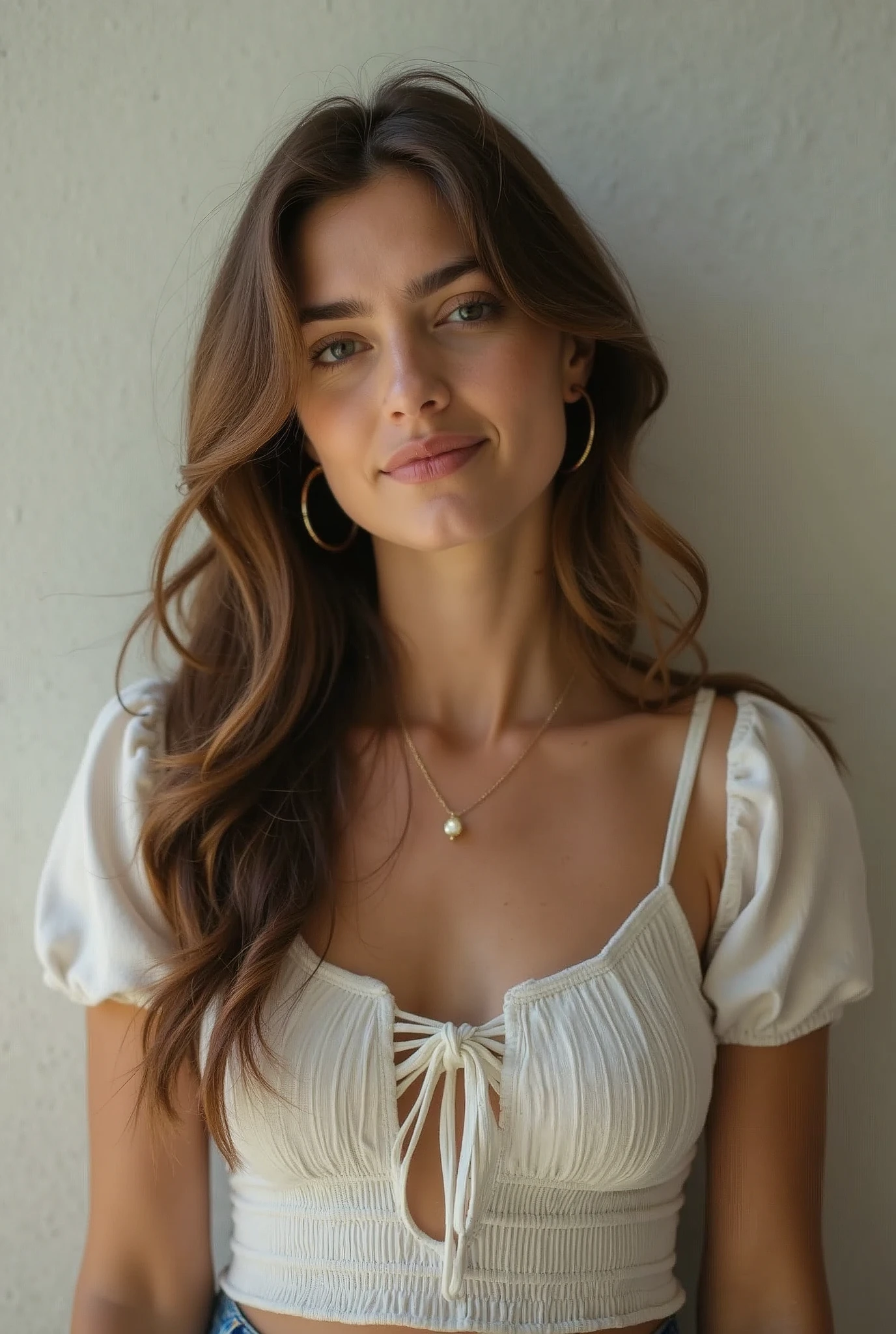 Arafed woman with long hair wearing a white top and jeans - SeaArt AI