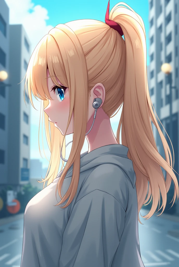 (masterpiece), (Highest quality, High resolution, Very detailed, figure), 1 girl, alone, city, Contemporary, Profile picture close-up, Blonde beige long hair, Gradient watercolor hair tail, Phantom Blue Eyes, Beautiful and delicate eyes, Very fine eye, Perfect Eyes, Perfect Face, Ultra-fine facial details, Random representation, Squat, earphone, 8k, Popular Topics on ArtStation, Recommended on pixiv