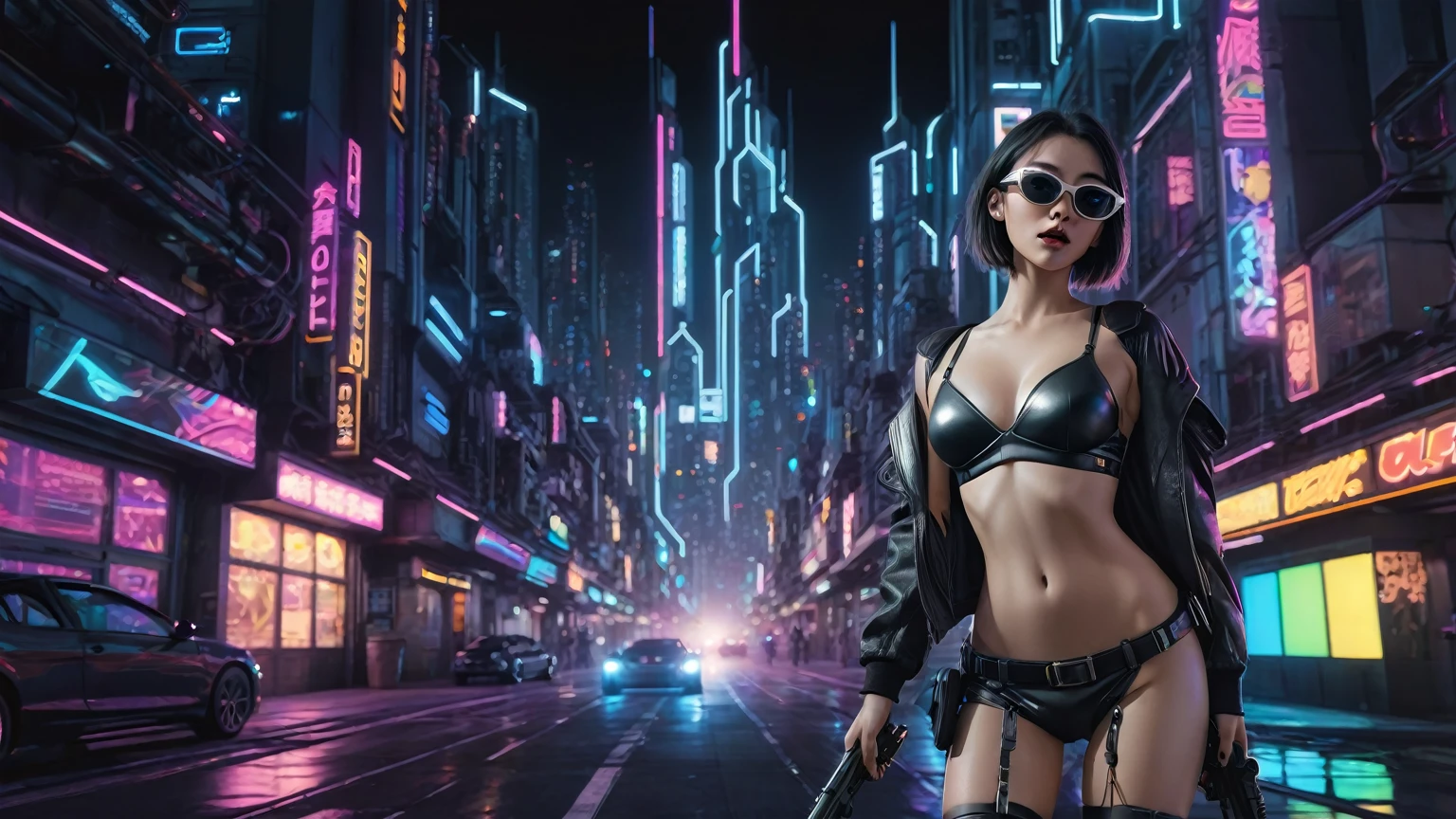 simple comic style cyberpunk city, line art background, flying cars, at night. (1girl, solo), photo realistic, medium-breast:1.3 slim body, cleavage, sling top, miniskirt, black sunglasses, holding a short gun, half-body thigh level medium shot, cinematic lighting, ray tracing.