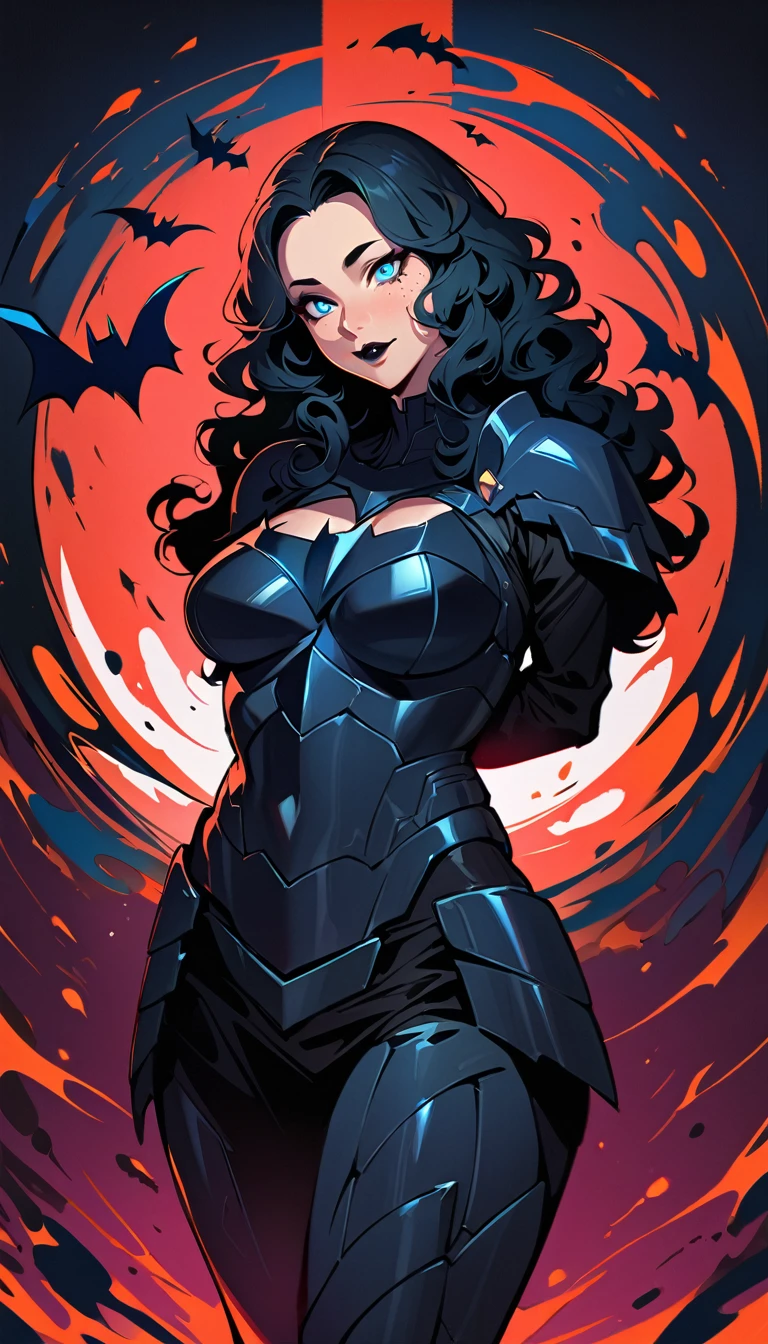 (high quality, 8k, 4K, high contrast, artwork:1.2, high quality, best aesthetics), (centered), ((1 woman)), erotic, sensual, mature body, grown woman, adult female body, super detailed, beautiful face detailed, beautiful eyes detailed, detailed beautiful mouth, (long black curly hair), (blue eyes), (black eyeliner), (black eyeshadow), (freckles on cheeks), (black lipstick), (standing), (straight body posture), (front view of woman), (facing camera), (hands behind back), (wearing Batman's armor)