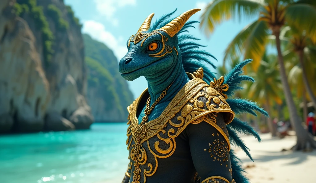 Bahamas as a caribbean League of Legend creature in azure, black and gold yellow colors. Intricated clothing. Cinematic Fantasy sci-fi landscape background