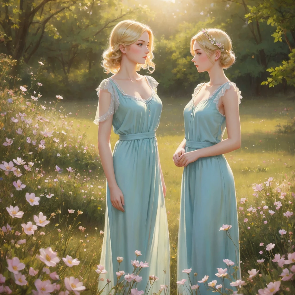 girl, 3個girl, blond, Green eyes, 1930s style, high quality, full-body shot, 17 years old, Big breasts, long, silk pajamas, Standing on the grassland, blue sky flowers, delicate eyes, Delicate lips, Extremely detailed face, long睫毛, Elegant, beautiful, beauty, charming, Exquisite, oil painting, Digital painting, Realism, 8k, best quality, masterpiece, HDR, bright colors, movie lighting, Soft Focus, warm colors, dream, romantic, femininity