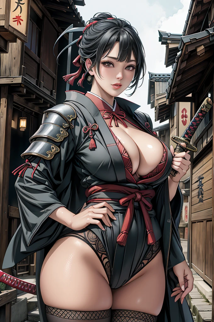 (Browsing Caution), (RAW Photos), (Realistic), (Photorealistic), Ultra-high resolution, masterpiece, Highest quality, Portraiture, facial Portraiture, Perfect lighting, Detailed lighting, Dramatic Shadows, Ray Tracing, Pure Eros Face_v1, Urzan-6500-v1.1, ((cowboy shot:1.2)), ((cleavage)), ((random sexy pose)), looking at viewer, ((wearing a samurai armor)), ((holding a Japanese sword)), ((in old Japanese street)), ((night)),