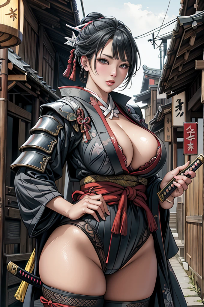 (Browsing Caution), (RAW Photos), (Realistic), (Photorealistic), Ultra-high resolution, masterpiece, Highest quality, Portraiture, facial Portraiture, Perfect lighting, Detailed lighting, Dramatic Shadows, Ray Tracing, Pure Eros Face_v1, Urzan-6500-v1.1, ((cowboy shot:1.2)), ((cleavage)), ((random sexy pose)), looking at viewer, ((wearing a samurai armor)), ((holding a Japanese sword)), ((in old Japanese street)), ((night)),