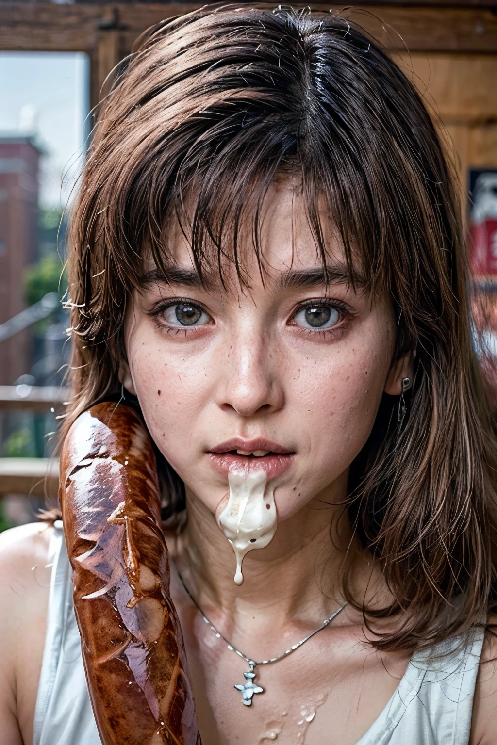 realistic, photo-realistic, masterpiece, best quality, intricate details, extremely detailed, cinematic lighting, solo, a Japanese mature, , a 55yo woman, (eating a huge sausage in hand, bite a large sausage, shovel a long sausage into mouth, sucking a thick sausage:1.4), (drip milk from mouth:1.5), bare shoulders, dark hair, bangs, ponytail, hair ornament, hair scrunchie, cute face, extremely detailed face, beautiful detailed eyes, sophisticated nose, pale skin, fine-textured skin, sweaty, shiny skin, earrings, necklace, jewelry, photo background, indoors, home, 