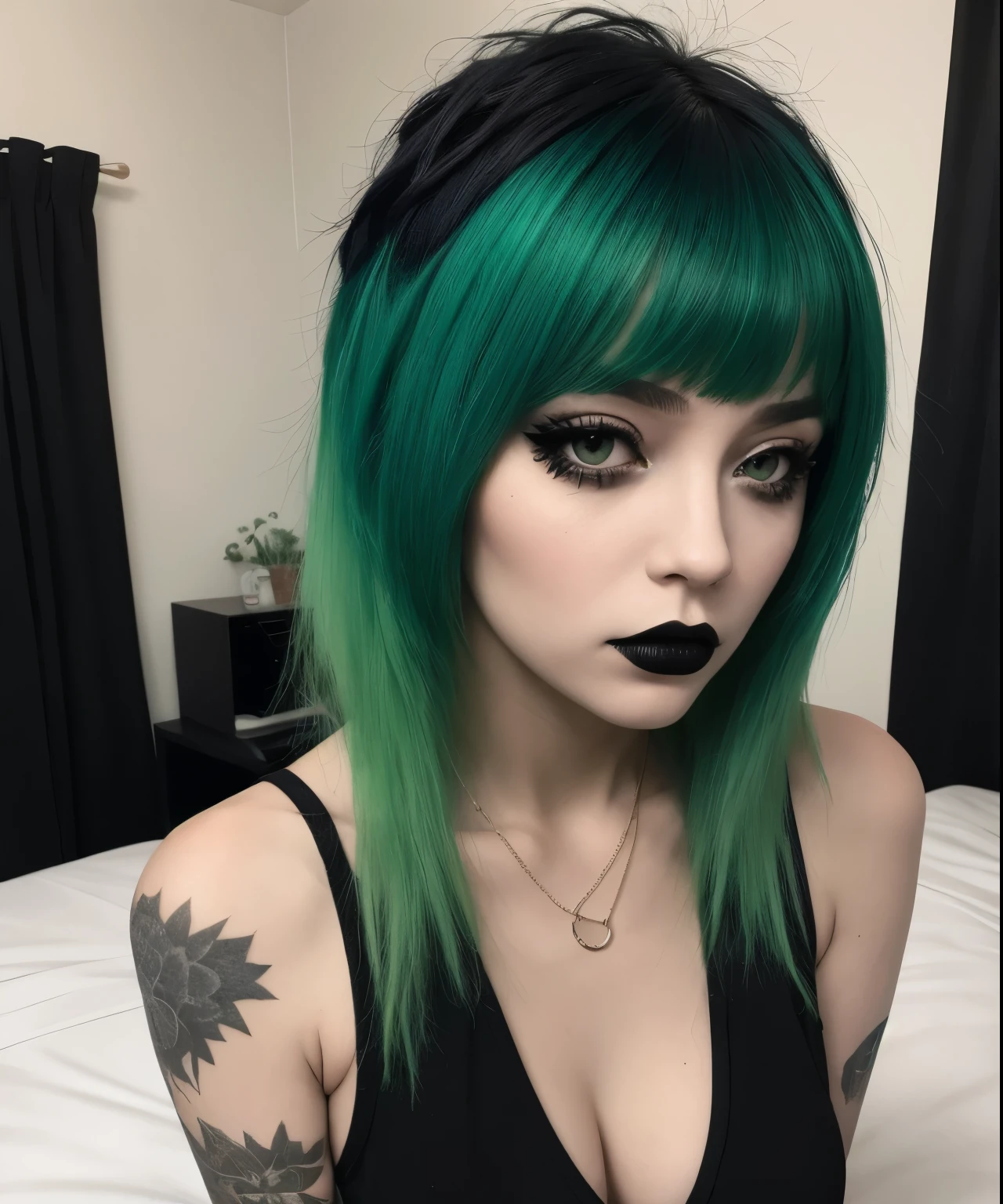 bce, 1girl, green hair, black eyes, goth, asymmetrical hair, bedroom, wispy bangs, upper body view