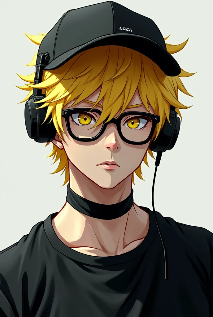 Male character messy fluffy blonde yellow hair,black headphones,black cap,black glasses,black shirt