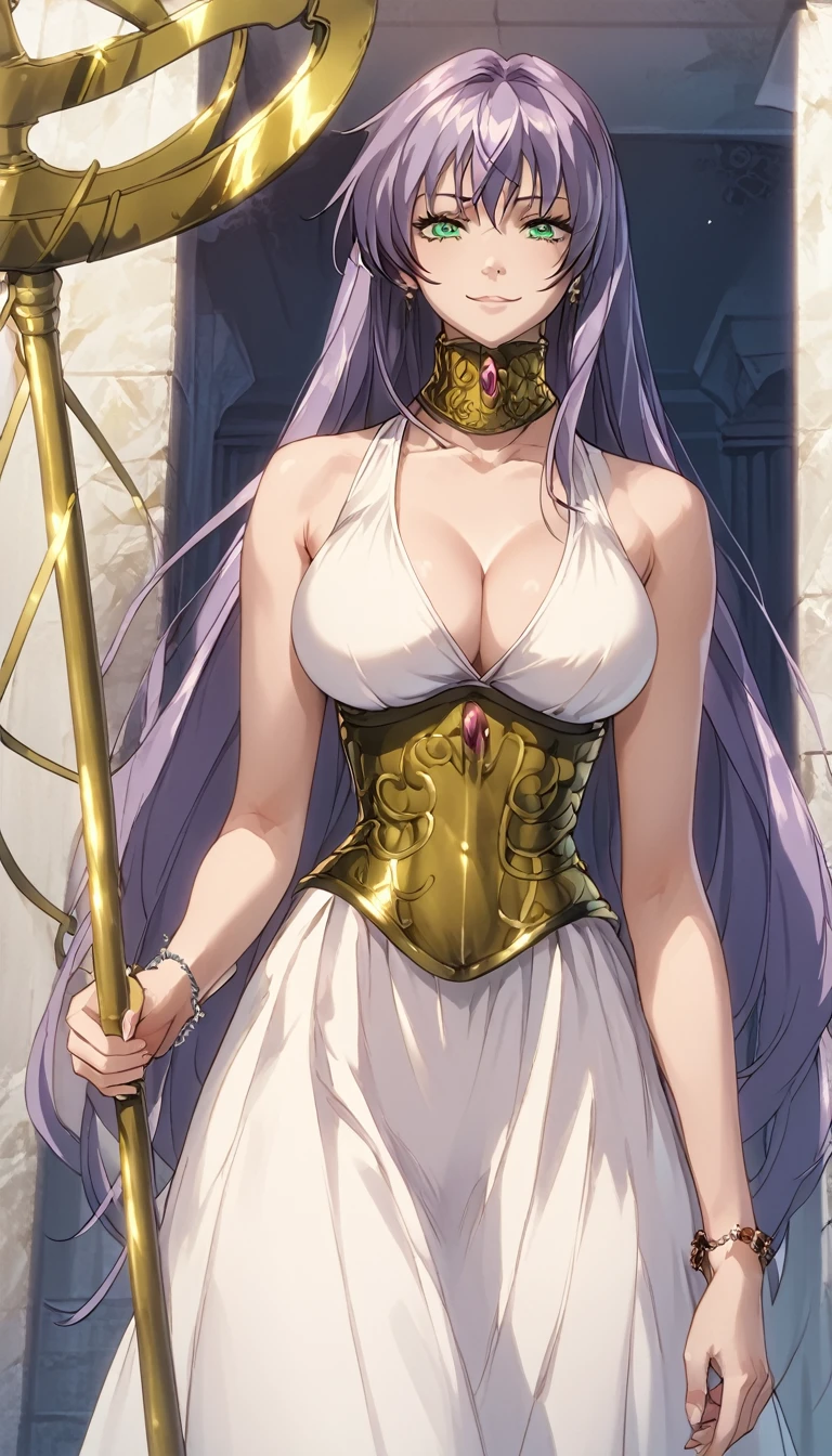 Score_9, score_8_up, score_7_up, score_6_up, source_anime, 1girl, standing, white skin, slut, seductive smile, front view, looking at viewer, horny, 1 girl, sasha, green eyes, purple hair, long hair, large breasts, cleavage, white dress1, dress, neckline, petal bracelet, gold belt, jewelry, staff, high quality, wallpaper